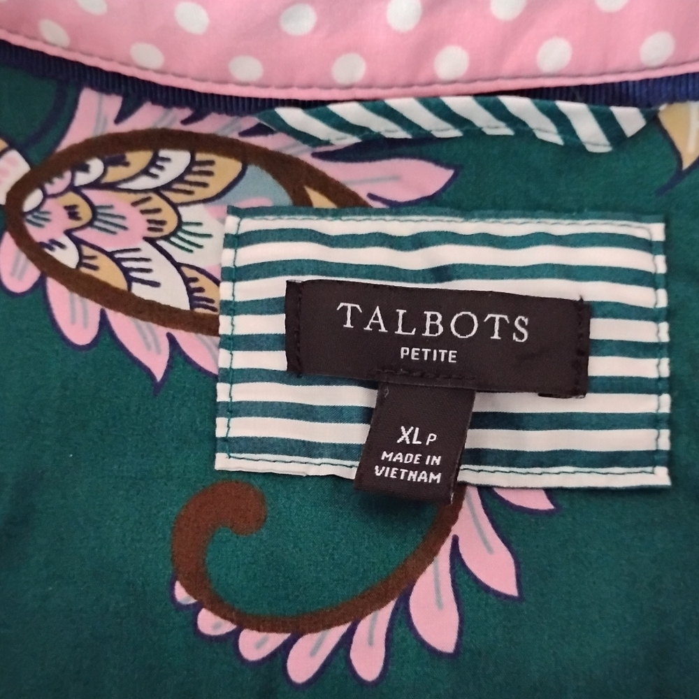 Talbots Petite Cotton Button Down Shirt Green Pink Paisley Floral Colorful  XLP - Picture 13 of 16